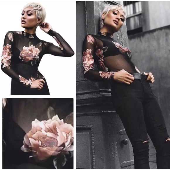 Silky Soft Floral Sheer Mesh Long Sleeve Top Black & Pink - Picture 4 of 12